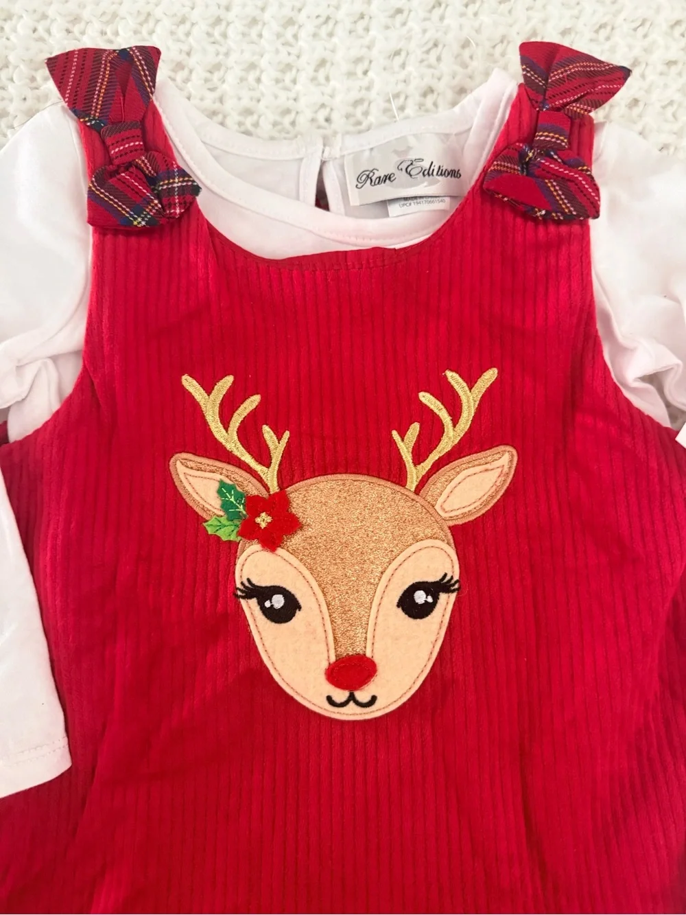 Rare Editions Baby Girls 2-Piece Reindeer Corduroy Dress Set in red/white Sz 18